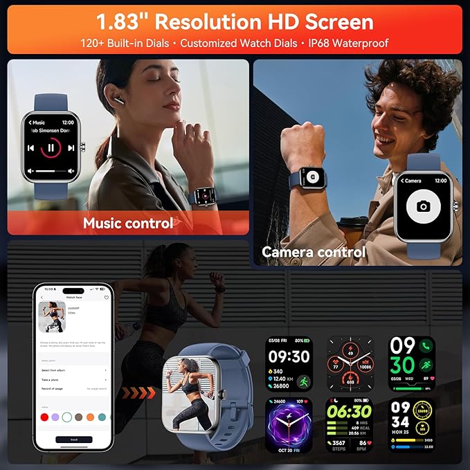 Smart Watch with Alexa Built-in, 1.83" HD Touchscreen Fitness Tracker, Bluetooth Notifications/Calls, IP68 Waterproof, 120+ Sport Modes, 24/7 Heart Rate & Sleep Monitor for iPhone Android iOS (Blue)