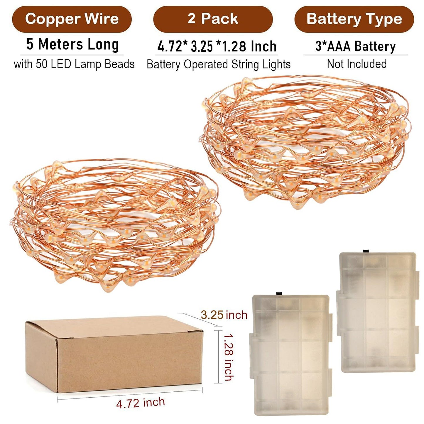 RUICHEN 16 Ft Copper Wire LED Fairy String Lights, 50 Lights, Battery Operated, 2 Pack, Orange, Model TB-5M50L