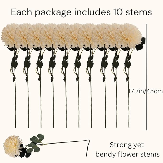 Large Kiku Flower Beige 10 Stems, Silk Flowers Bulk Boho Bouquet, Large Artificial Flowers, Tall Flowers With Long Stems, Realistic faux flowers Neutral Home Decor, Flores Artificiales Para Decoracion
