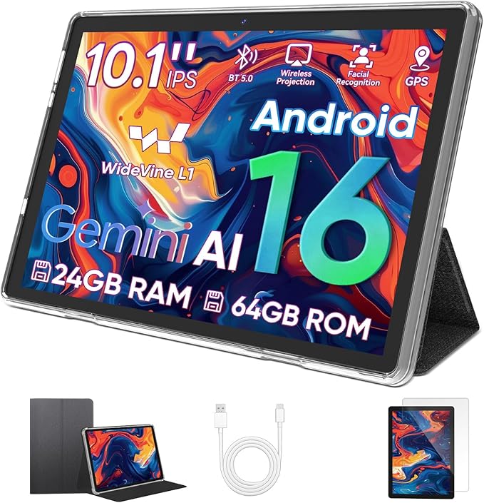 Tablet 10 inch, Android 16 Tablet, Octa-Core Processor, 24GB RAM 64GB ROM 2TB Expand, 1280x800 HD Touchscreen, GPS, WiFi 5, Dual Camera, BT5.0, 6000mAh, Widevine L1