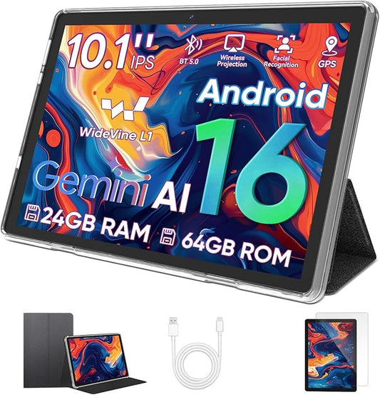 Tablet 10 inch, Android 16 Tablet, Octa-Core Processor, 24GB RAM 64GB ROM 2TB Expand, 1280x800 HD Touchscreen, GPS, WiFi 5, Dual Camera, BT5.0, 6000mAh, Widevine L1
