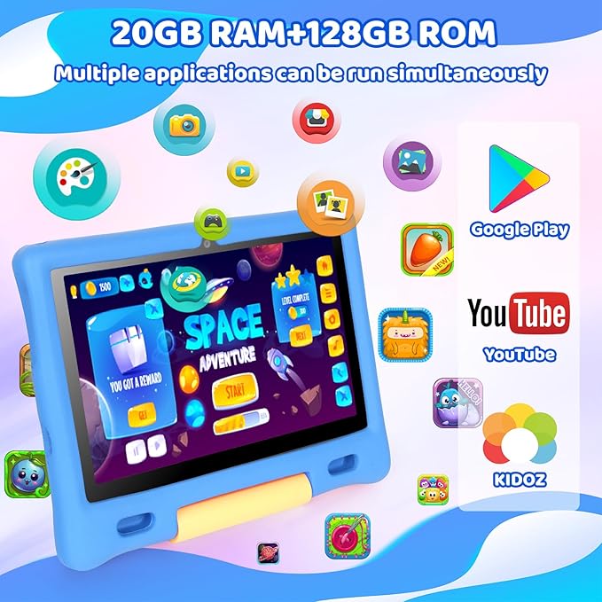 Gleeso Kids Tablet, Android 15 Tablet for Kids 10 inch Octa-Core with Case, 128GB 1TB TF Card Expandable for Toddler Children, Parental Control, Dual Camera, WiFi,Gift（Blue）