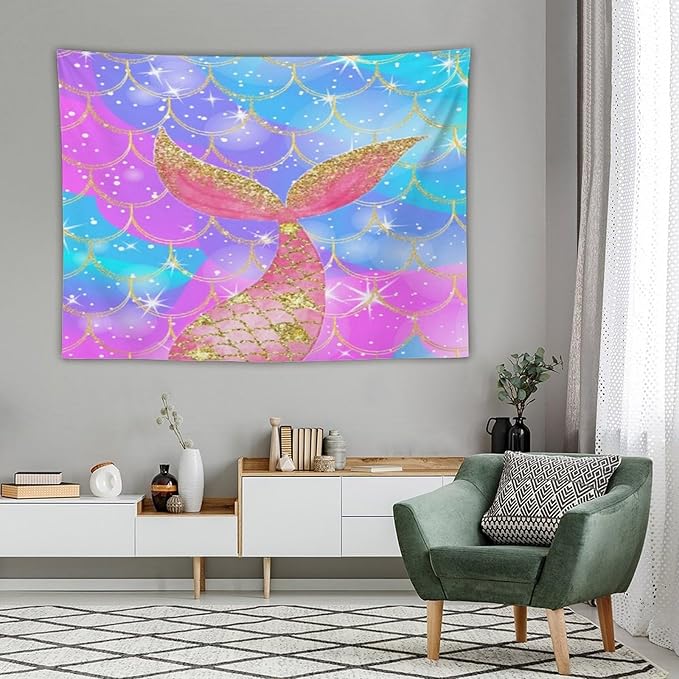 HZOHNAGO Mermaid Scales Tapestry Colorful Shiny Scales Mermaid Tail Pattern Printed Wall Tapestry Wall Hanging for Bedroom Living Room Dorm 80" W x 60" H