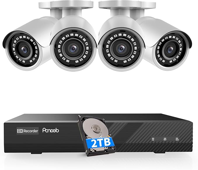 4 Camera Security System, 4pcs 5MP Wired Home Bullet IP PoE Cameras Outdoor with Mic/Audio, AI Human Detection, 100ft IR Night Vision, 4K 8 Channel NVR 2TB HDD for 24/7 Recording, PB37F0408-5M