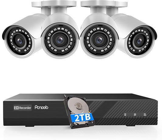 4 Camera Security System, 4pcs 5MP Wired Home Bullet IP PoE Cameras Outdoor with Mic/Audio, AI Human Detection, 100ft IR Night Vision, 4K 8 Channel NVR 2TB HDD for 24/7 Recording, PB37F0408-5M