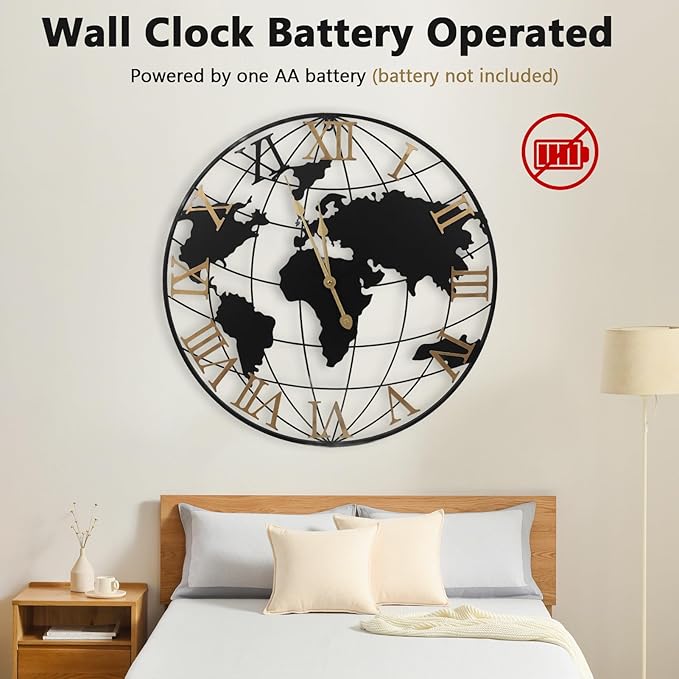 Gugxiom 24 Inch Large World Map Wall Clock Battery Operated, Roman Numeral Wall Clock, Metal Minimalist Modern Clock, for Office Kitchen Bedroom Living Room