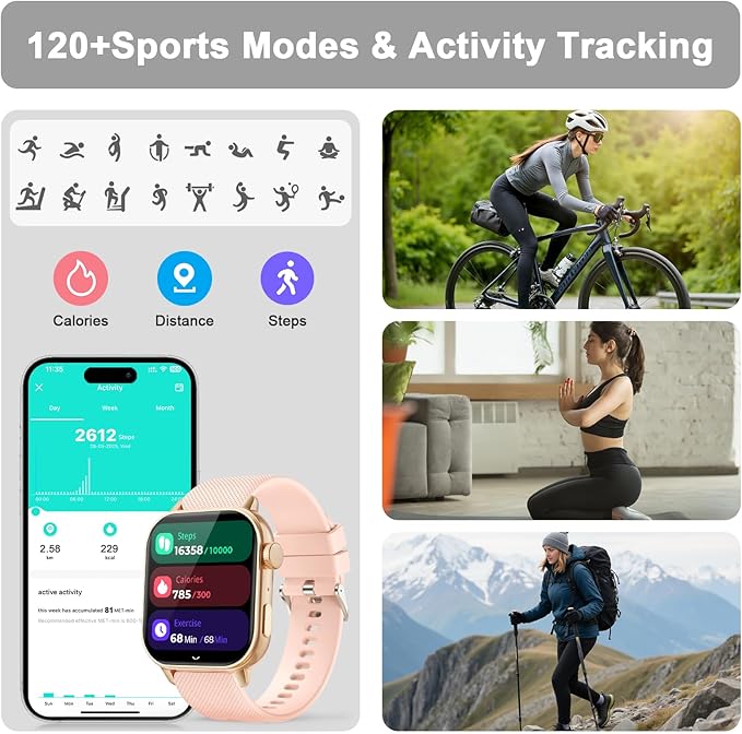 Smart Watches for Men Women, 1.85'' AMOLED HD Fitness Tracker with 100+ Sports Modes, Smartwatches with Bluetooth Call/Heart Rate/Sleep Monitor/Pedometer, IP68 Waterproof Watch for Swimming, Gold
