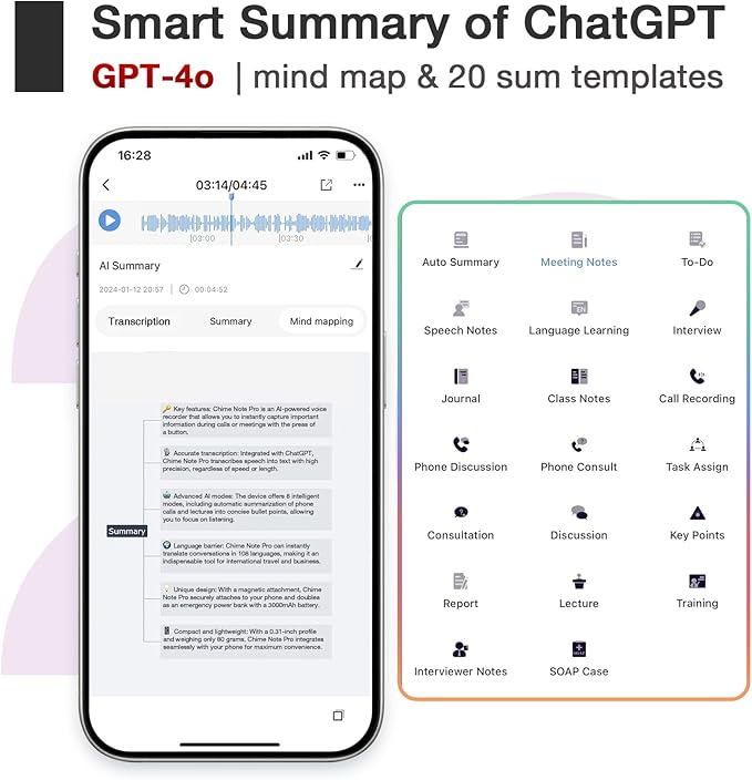 AI Voice Recorder Call Chatgpt, Digital Voice Recorder Support Free Audio Transcription and Text Summary,APP and Web Sync,107 Languages, 60H Recording, Applicable to Lecture, Meeting, Interview, etc