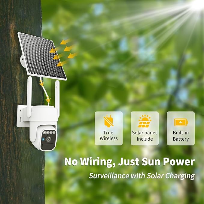 Solar Camera Outdoor Wireless, Wi-Fi Security Cameras for Home, 360° View, Two-Way Talk, Auto Tracking, Light Alarm, Color Night Vision