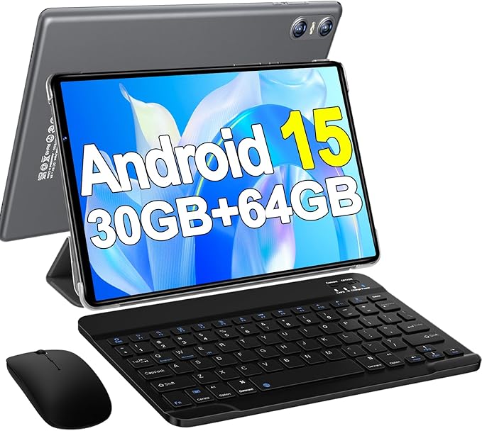 2025 Android 15 Tablet with Keyboard, 10.1 Inch Tablets FHD Display 30GB RAM 64GB ROM 1TB Expand, Octa-Core 2.0GHz, Widevine L1, 6000mAh Battery, 5G WiFi & GPS, Gemini AI, 2-in-1 Tableta PC - Gray