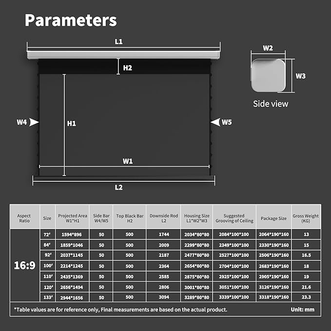 QuadraArc Motorized Projector Screen, Gray Crystal 4K Electric Drop Down Screen, Wall & Ceiling Mount, Compatible with ST/LT Projectors up to 1600 ANSI Lumens 133"