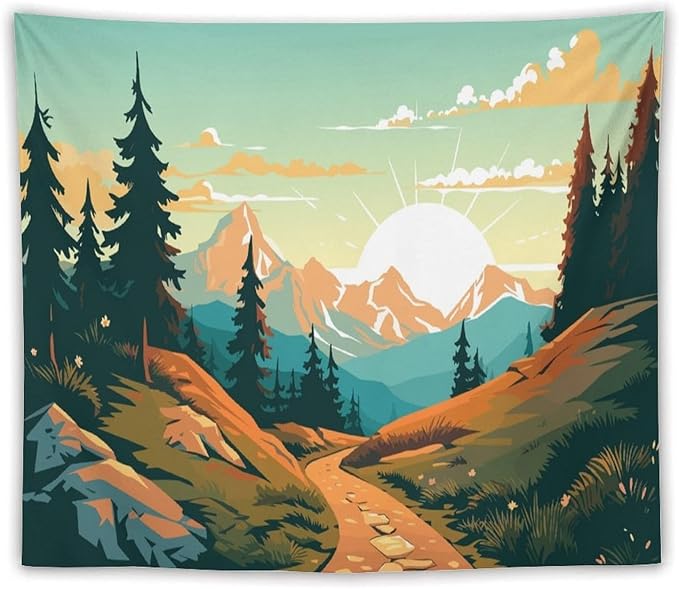 HZOHNAGO Mountain Tapestry Forest Mountain Sunrise Road Pattern Printed Wall Tapestry Wall Hanging for Bedroom Living Room Dorm 60" W x 50" H