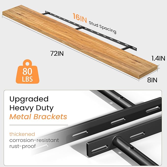 Fun Memories 72 Inch Floating Shelves for Wall, Elm Wood Floating Shelves for Home Décor, Wall-Mounted Display Shelves with Heavy-Duty Bracket, Long Floating Shelf for Kitchen, Living Room, Natural