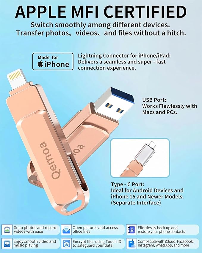 MFi Certified 256GB Flash Drive Photo Stick for iPhone, External Memory Photo Keeper Storage for Data Saver/Backup/Transfer Files/Picture/Video/iPhone/iPad/iOS/Android/PC (Pink)Available Space: ~244GB