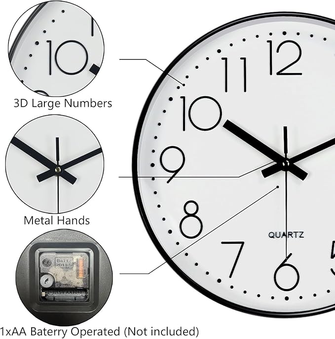 Wall Clock, Silent Wall Clocks Battery Operated 10 Inch Modern Non Ticking Analog Clock with Large Numerals Tempered Glass Clocks for Bedroom, Living Room, Kitchen, Office Decor, White Black