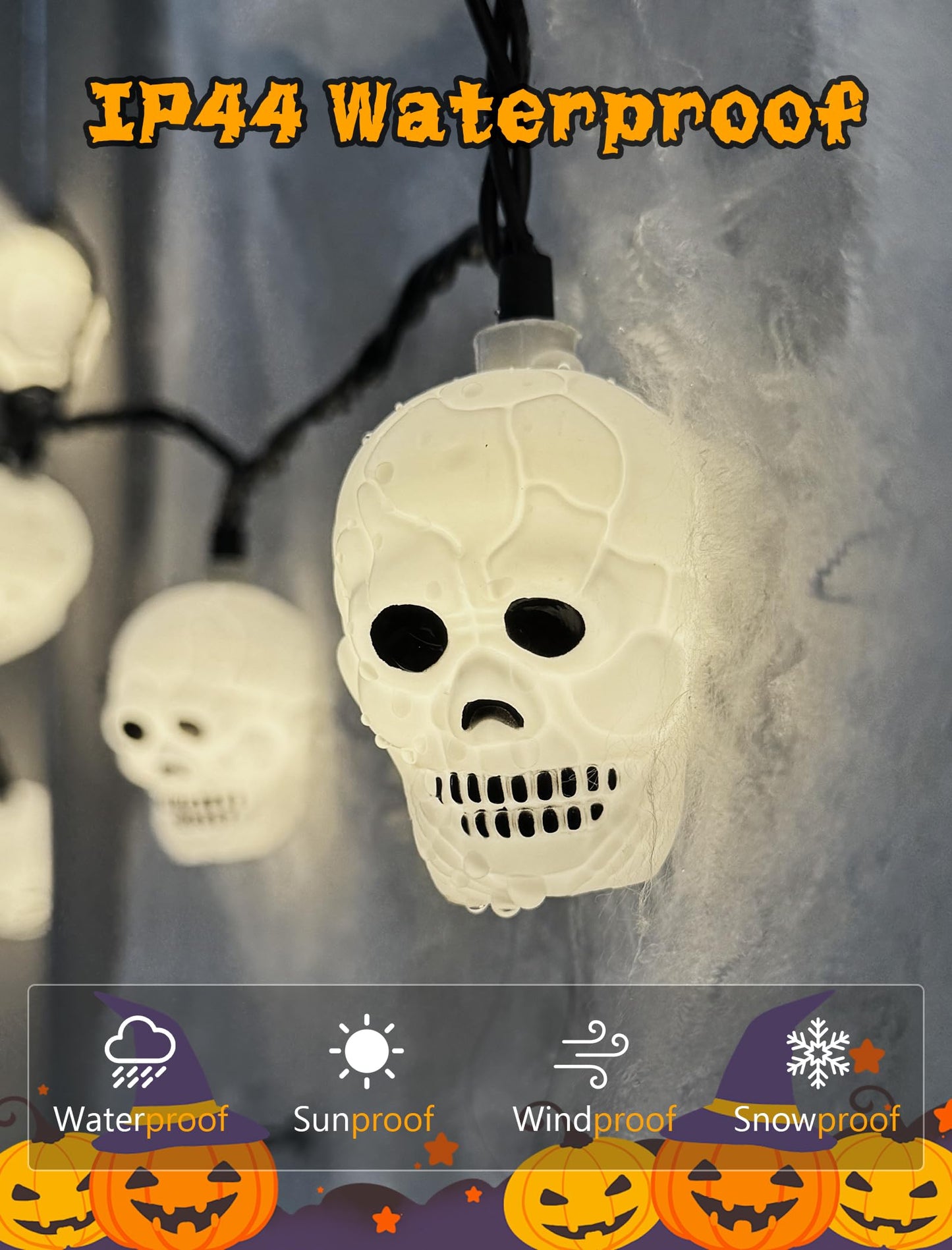 Kivonfa Halloween Ghost String Lights, 8.5Ft with 10 LED White Skeletons, Black Wire, Model LR-LED-L-10E/1F-D45
