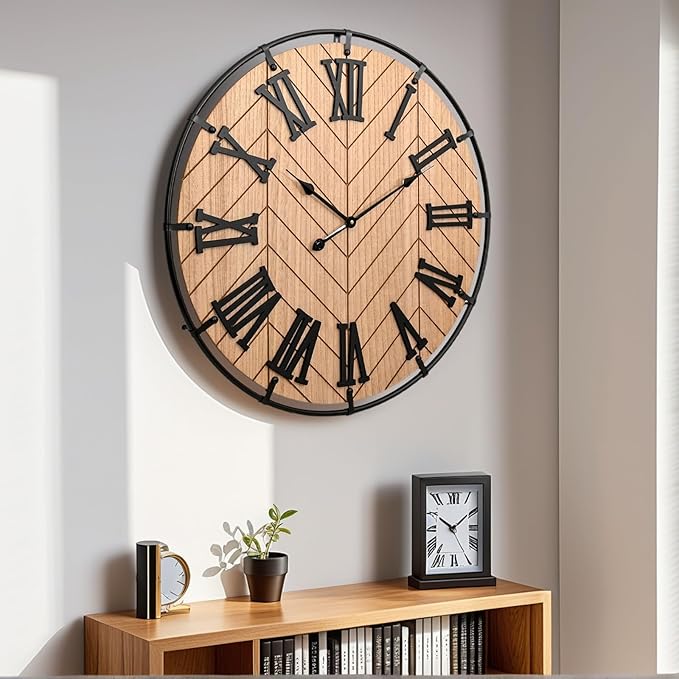 30 Inch Large Wooden Wall Clock – Extra Large FarmhouseWall Clock with 3D Roman Numerals & Herringbone Splicing, Brown Modern Wood Wall Clock for Living Room