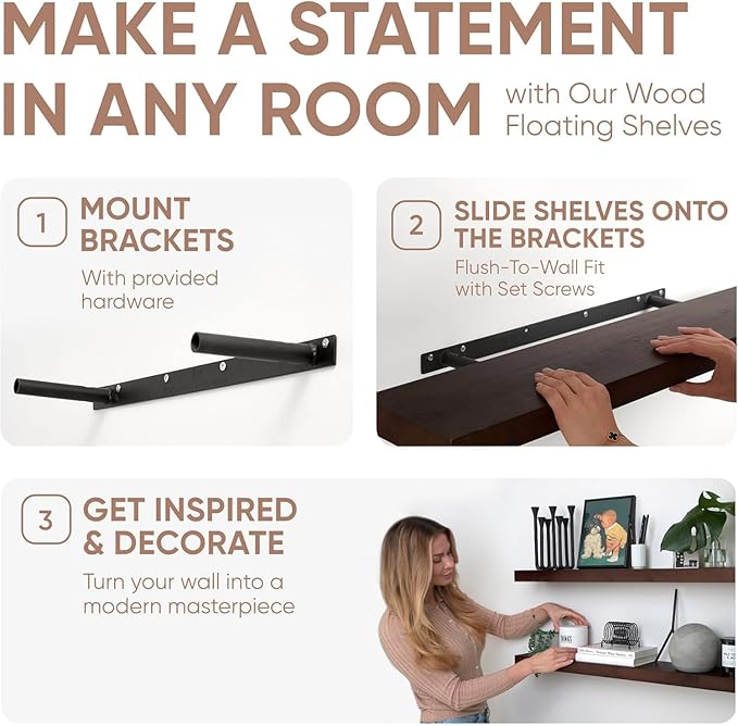 Homeforia 48 inch Walnut Floating Shelf, High End Solid Real Wood Large 48inch Floating Shelves for Wall, Dark Brown 48 inches Long Floating Shelves, Heavy Duty Bracket, 48 X 6.5 X 1.75 inch, Set of 2