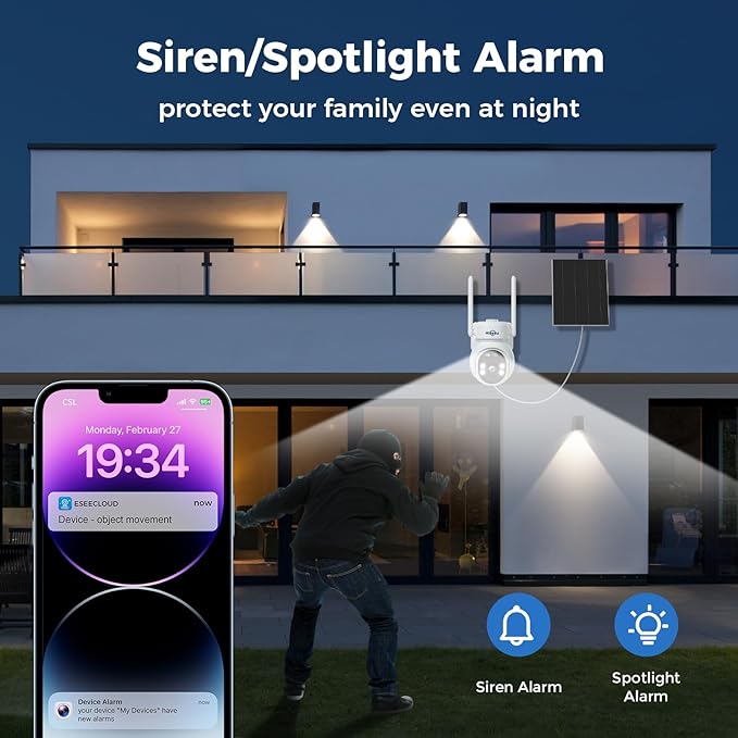 Hiseeu Solar Camera, 4MP 100% Wireless WiFi Camera Outdoor, Humanoid Detection, PTZ 360° View, Color Night Vision, IP66 Waterproof, 2-Way Audio, 2.4G WiFi, Compatible with NVR, No Monthly Fee, 2PCS