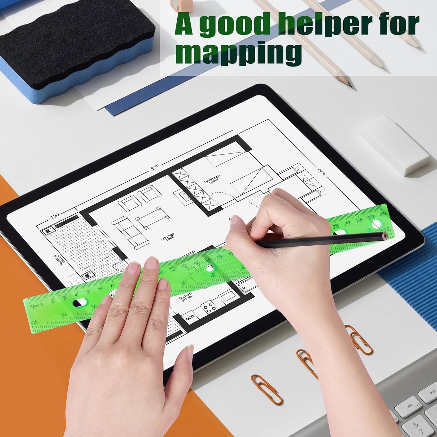 28 Pack Plastic Ruler 12 Inch Transparent Rulers - Metric Bulk for Kids School Office Classroom, Green