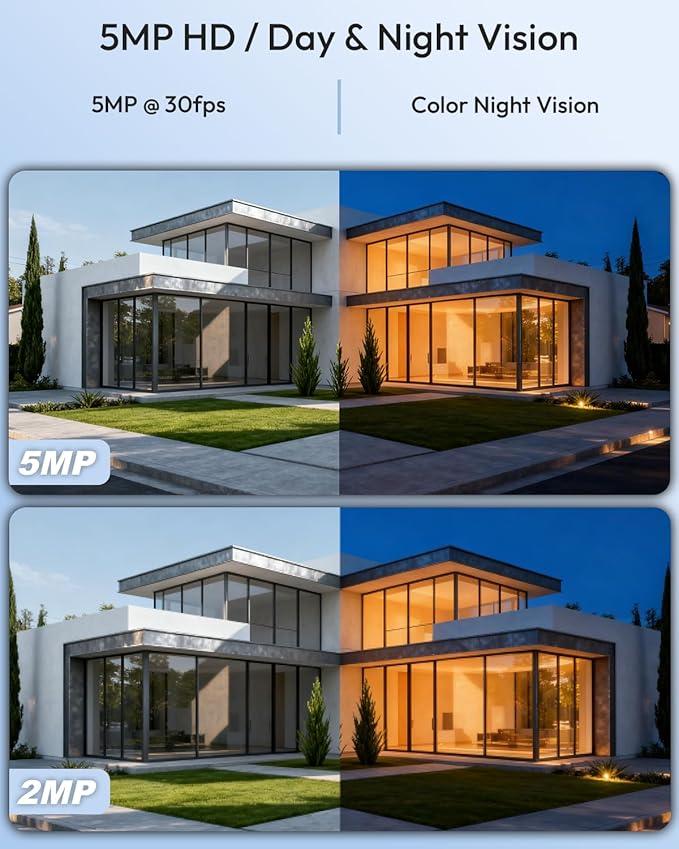 Rraycom 8CH 4K Security Camera System, 6PCS H.265 5MP Wired PoE Cameras for Home Security Outdoor, Person Vehicle Detection, Color Night Vision, 8 Ports NVR with 3TB HDD Suitable for 24/7 Recording