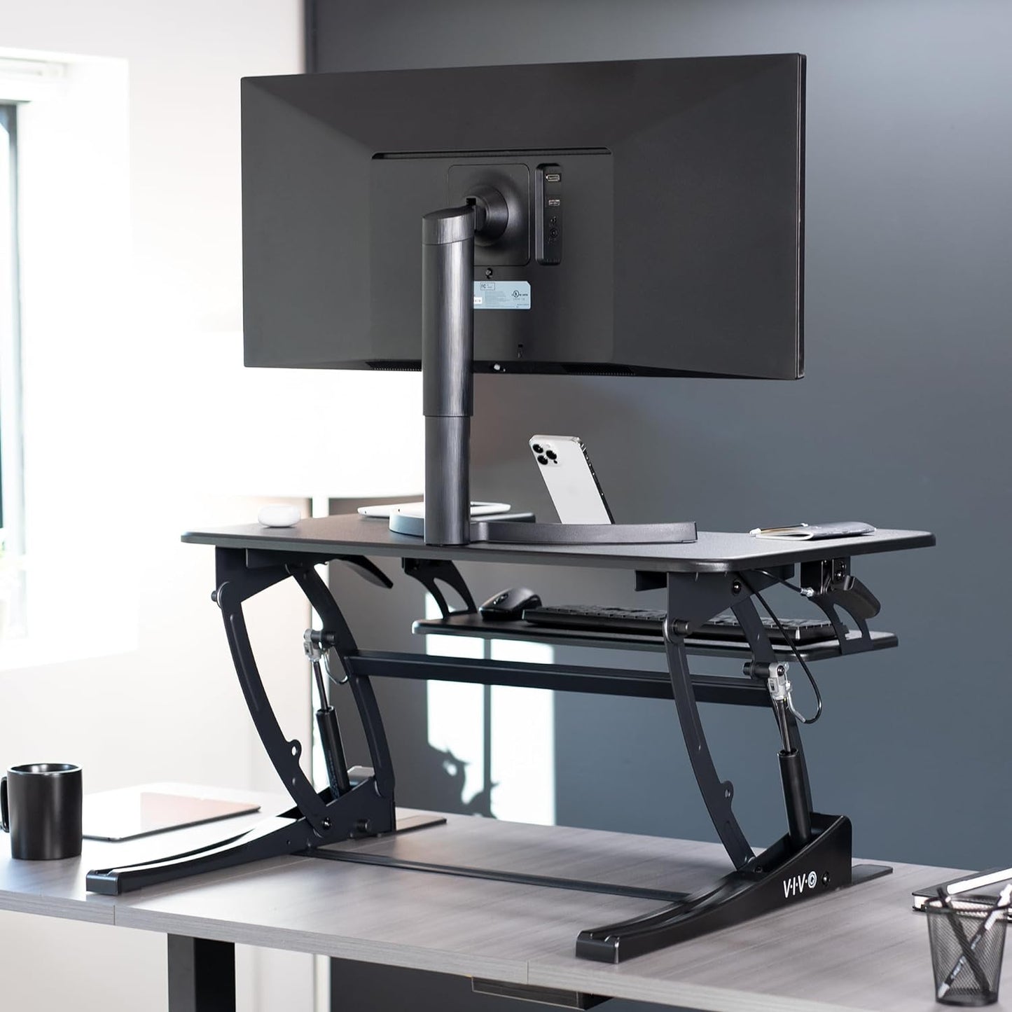 VIVO 32 inch Height Adjustable Stand Up Desk Converter, V Series, Quick Sit to Stand Tabletop Dual Monitor Riser Workstation, Black, DESK-V000VS