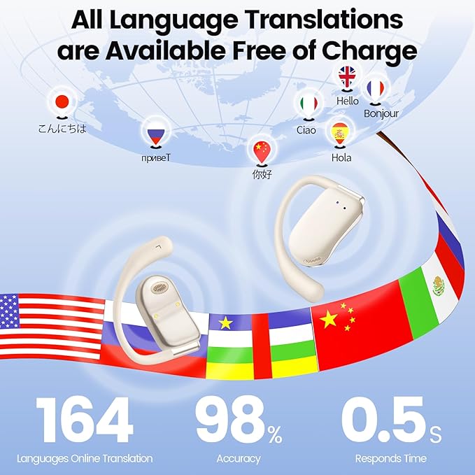 AI Translation Earbuds Real Time 164 Languages 80H Playtime Translator Ear Buds Audifonos Traductores Inglés Español Wireless Translating Earbuds Bluetooth Headphones for Travel Meeting Learning Large