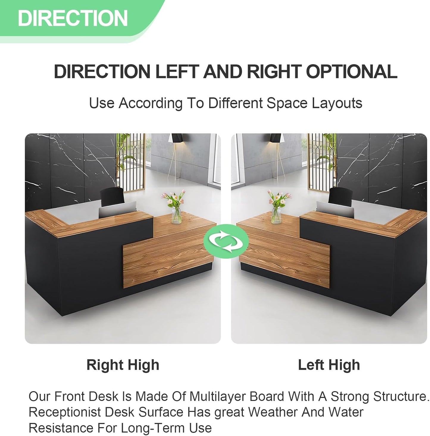 Modern Reception Desk with Counter and Drawer Office Front Desk with Cabinet Wooden Commercial Reception Table Checkout Counter for Retail Salon Lobby Black and Wood Left 79inch/200cm