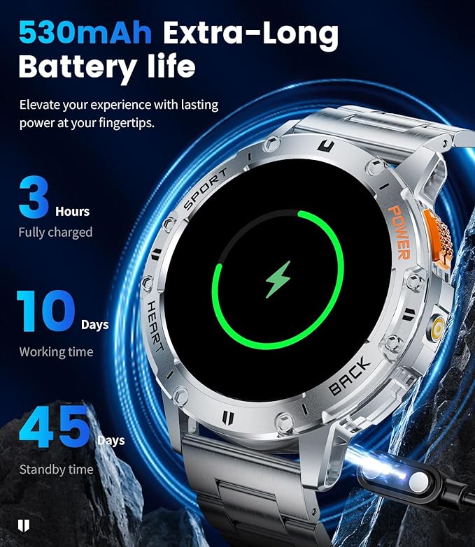 LIGE Military Smart Watches for Men(Answer/Make Calls) with LED Flashlight,530mAh Large Battery,1.43" AMOLED Outdoor Sports Smartwatch with 170+ Sport Modes,Fitness Tracker for iOS Android,Sliver