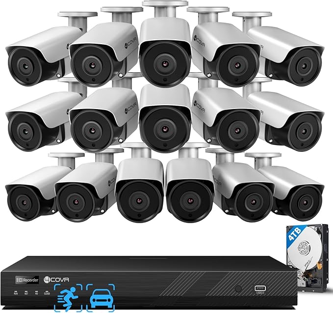 4COVR 16 Channel Security Camera System for Business, 16CH 4K NVR with 4TB HDD, AI Human Vehicle Detection, 16x 8MP Commercial IP67 IP Bullet PoE Camera, Night Vision, 24/7 Recording, LY37EX8M1616