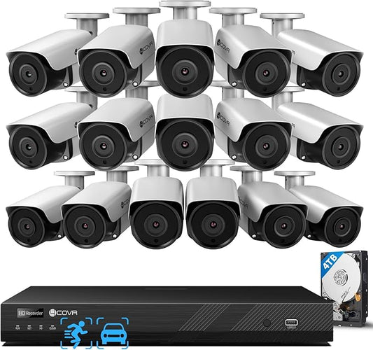 4COVR 16 Channel Security Camera System for Business, 16CH 4K NVR with 4TB HDD, AI Human Vehicle Detection, 16x 8MP Commercial IP67 IP Bullet PoE Camera, Night Vision, 24/7 Recording, LY37EX8M1616