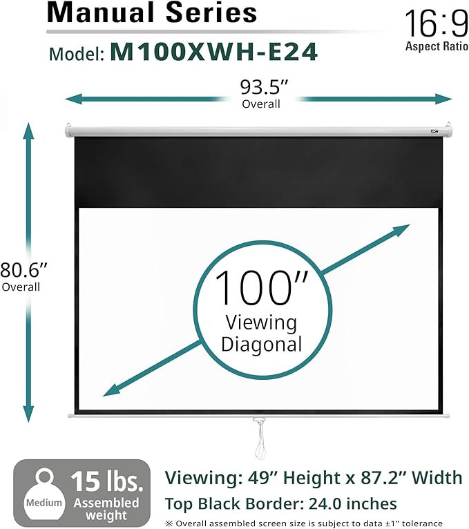 Elite Screens Manual Series, 100-INCH with 24" DROP, Pull Down Retractable Projector Screen, Movie Game Cinema, M100XWH-E24