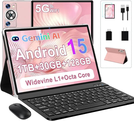 Android 15 Tablet 30GB RAM 128GB ROM 1TB TF, 2025 Electronics Tablets 10.1 Inch 8000mAh with Keyboard Mouse, 2.0GHz, 5G WiFi, BT 5.0, GMS Certified, Incell Display, Gemini AI - Rose Gold/Pink
