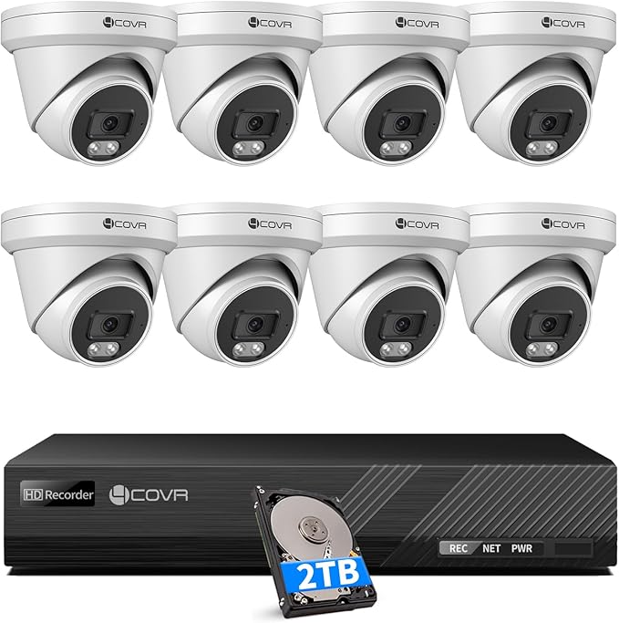4COVR PoE Security Camera System Outdoor, 8X 5MP 110° Wide View Angle IP67 Dome IP Camera with Audio, 4K 8 CH NVR 2TB HDD, AI Human Vehicle Detection & Night Vision, 24/7 Recording, LY97SA5M0808-1