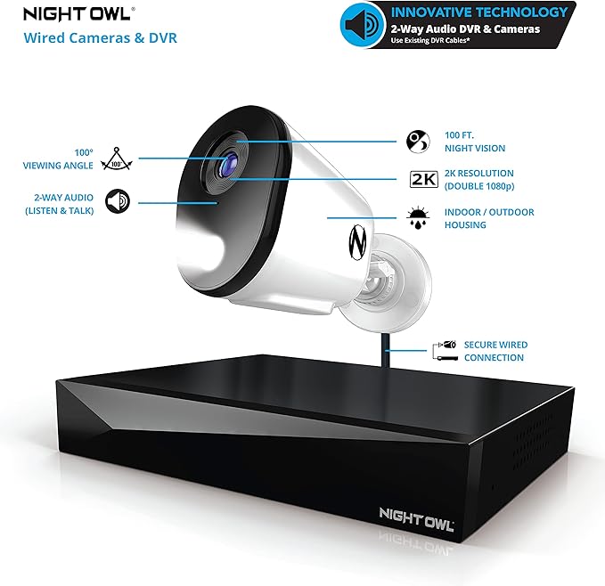 Night Owl 2-Way Audio 12 Channel DVR Video Home Security Camera System with (8) Wired 2K HD Indoor/Outdoor Deterrence Cameras and 1TB Hard Drive (Add up to 4 Wi-Fi Cameras)