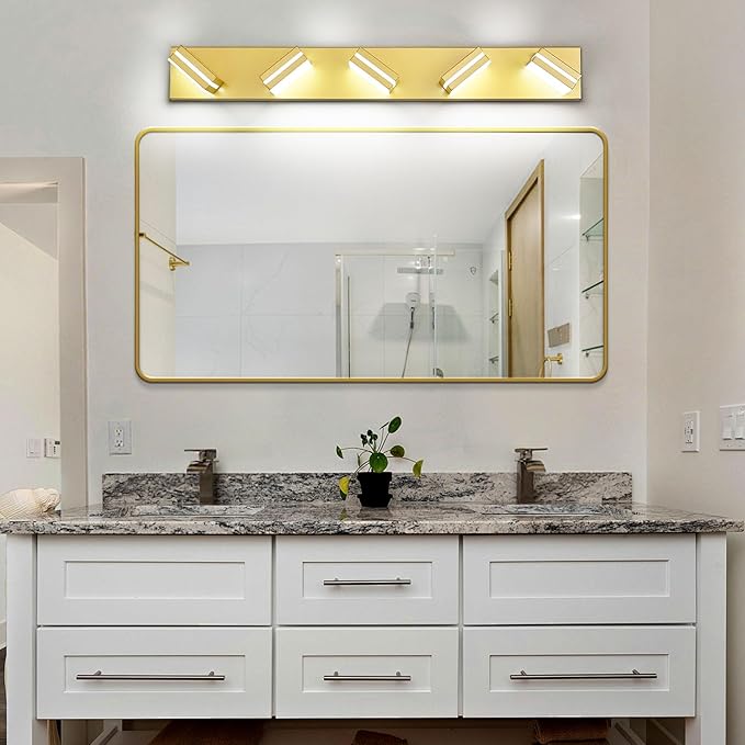 Modern LED Bathroom Lights Fixtures(5-Light),Metal Gold Acrylic Wall Lighting,Vanity Lights for Bathroom Over Mirror(6000k 34in)