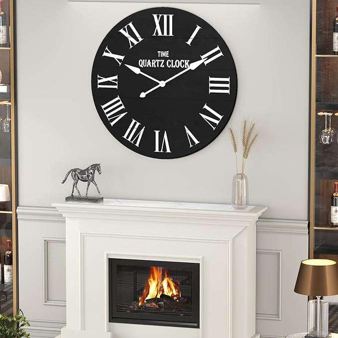 ARTPOWER Large Farmhouse Wall Clock, 35.5” Shiplap Wall Clock with Roman Numeral, Nearly Non-Ticking, Round Wall Clocks for Living Room Decor, Office, Bedroom, Entrance, Black