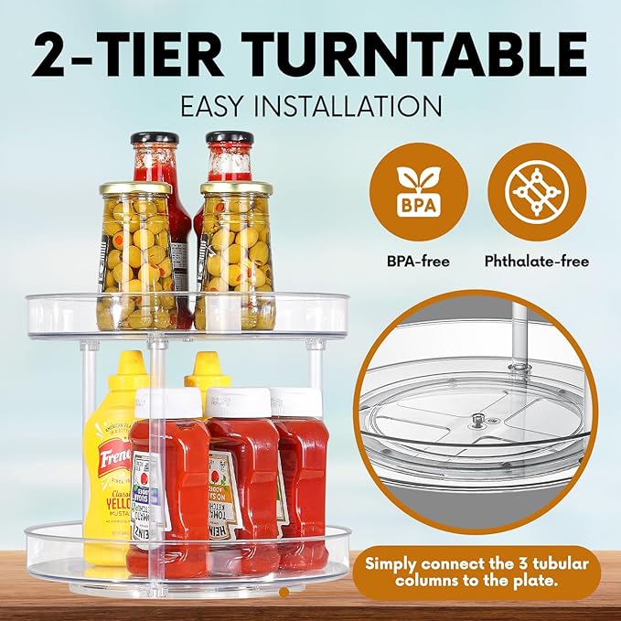 Clear Lazy Susan Organizer, Spice Rack Kitchen Cabinet Turntable, Pantry and Fridge Rotating Storage, Makeup Vanity for Skincare, Perfume, Cosmetic Dresser
