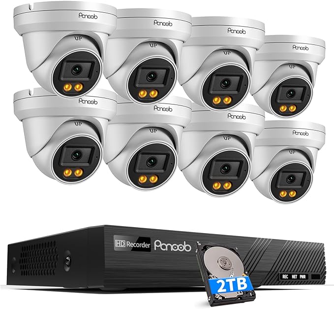 4K Security Camera Systems, 8X 8MP Wired IP PoE Dome Cameras w/AI Person Vehicle Detection, Spotlight Color Night Vision, Built-in Mic, 4K 8CH NVR 2TB HDD for 24-7 Recording, PD93BA0808-8MD