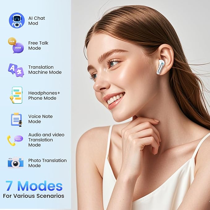AI Translation Earbuds Real Time with Audio and Video Calls, 164 Language/7 Translation Modes Translator Earbuds Bluetooth 5.4 with APP, 48H AI Ear Buds Translator Device for Business/Learning/Travel
