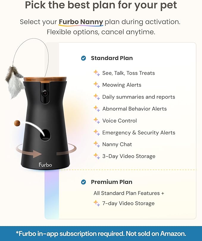 Furbo 360° Cat Camera [Subscription Required] Unlock w/Paid Plan: Home Security & Pet Safety Alerts, Rotating Treat Toss w/ 2-Way Speaker, Smart Cam w/Phone App (Low Risk, 3mo Min. Cancel Anytime)