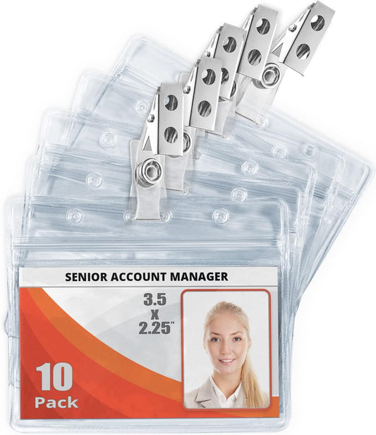 Mifflin-USA Horizontal Plastic Card Holder with Metal Clip and Vinyl Straps (Clear, 3.5x2.25 Inch, 10 Pack), Waterproof PVC ID Name Badge Holder with Clip