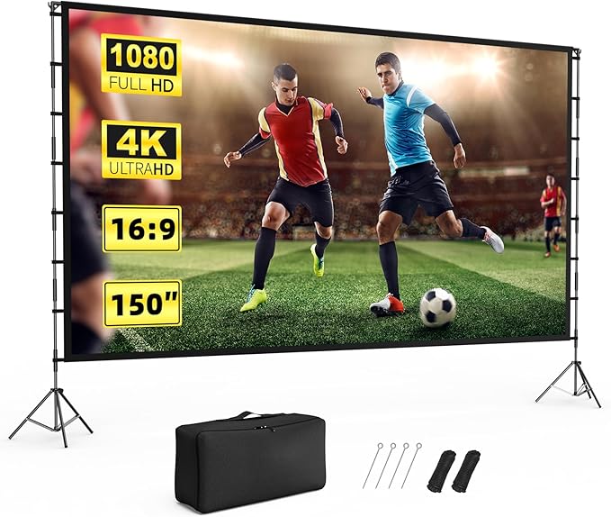 Projector Screen Outdoor, Vamvo Projector Screen with Stand Portable 150" Foldable ProjectorScreen, 10 Feet Indoor Movie-Screen with Carrying Bag for Home Theater Backyard Movie Night