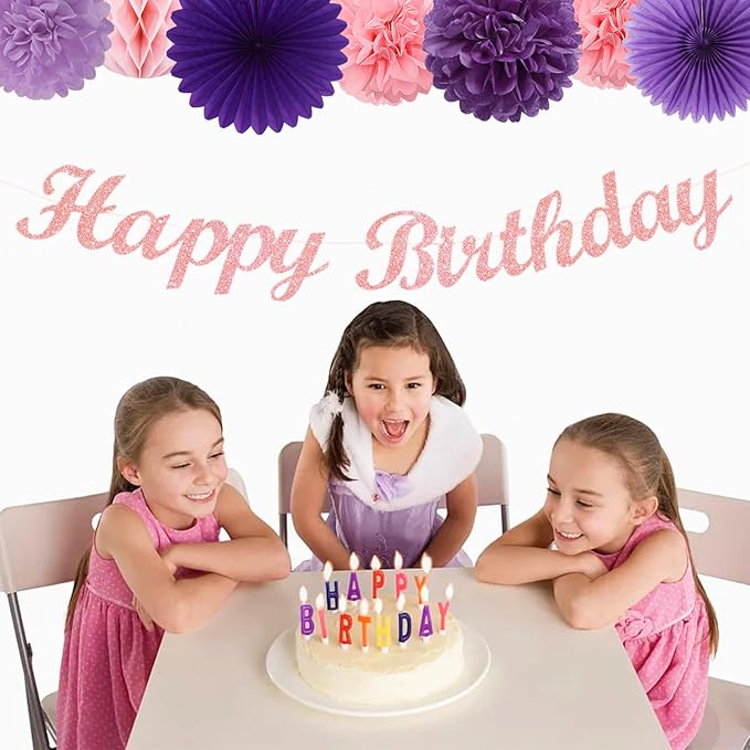 Purple Pink Birthday Party-Decorations Paper-Flowers - 14pcs Happy Banner Lavender Lanterns Tissue Pom Poms,Lilac Streamers Garland Fans Honeycomb,Women Girls Adult Kids Hanging Supplies Decor Hugfond