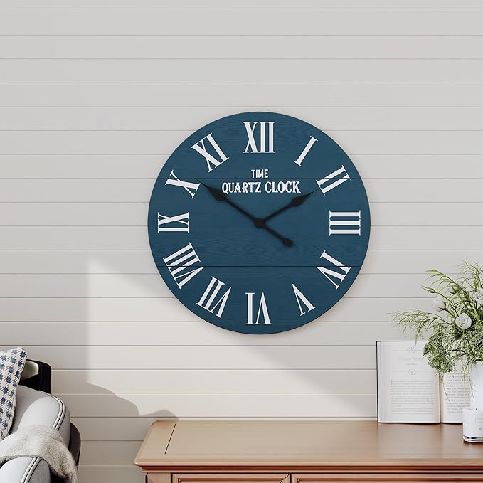 ARTPOWER Large Farmhouse Wall Clock, 24” Shiplap Wall Clock with Roman Numeral, Nearly Non-Ticking, Round Wall Clocks for Living Room Decor, Office, Bedroom, Entrance, Blue