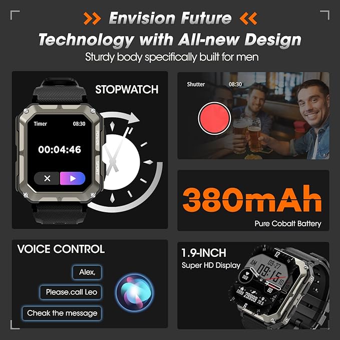 Rgthuhu Military Smart Watches for Men (Answer/Make Call), 100M Waterproof Rugged Smart Watch for Android Phones and iPhone, 1.9" Outdoor Sports Fitness Tracker with Heart Rate, Sleep Monitor, Black