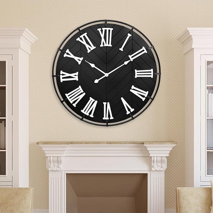 30 Inch Large Wooden Wall Clock – Extra Large FarmhouseWall Clock with 3D Roman Numerals & Herringbone Splicing, Black Modern Wood Wall Clock for Living Room