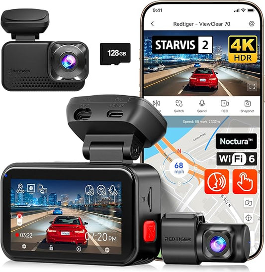 REDTIGER ViewClear 70 4K+2.5K Dash Cam Front and Rear, 8MP STARVIS 2 IMX678 x Noctura™ Sensor, Dual HDR Hyper Night Clarity, 5.8GHz WiFi 6, 30MB/S Fast Download, Dash Camera with 24H Parking Monitor