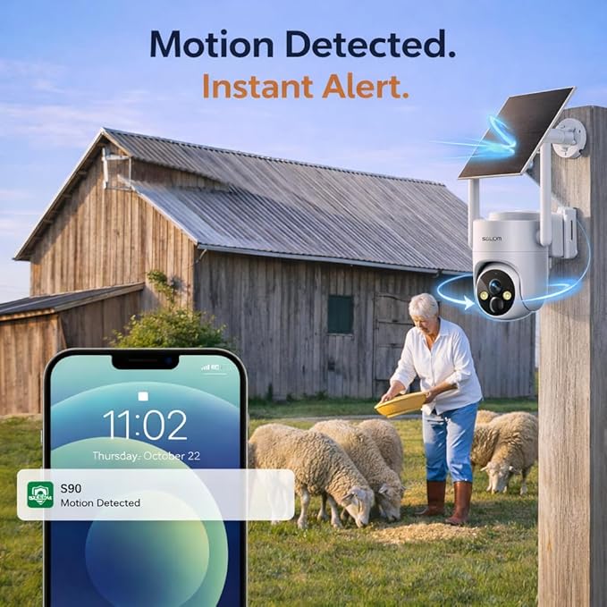 SOLIOM 4G LTE Cellular Security Camera, No WiFi Security Camera, Security Camera Wireless Outdoor for Remote Areas – Solar Powered, Live View, Color Night Vision, PIR Motion Sensor, 2-Way Talk, S90