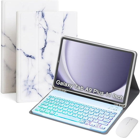 Keyboard Case for Samsung Galaxy Tab A9+/A9 Plus 11 Inch 2023 (SM-X210/X216/X218), Detachable Color Backlit Bluetooth Keyboard and Mouse, Lightweight Stand Cover with Pen Holder (White Marble)